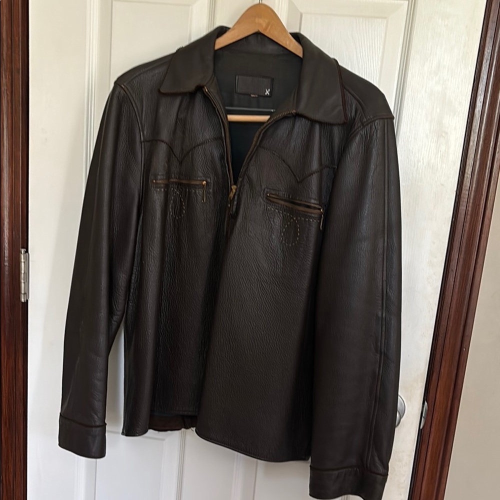 Men's Brown buckskin Leather Jacket western pullover motorcycle m s details